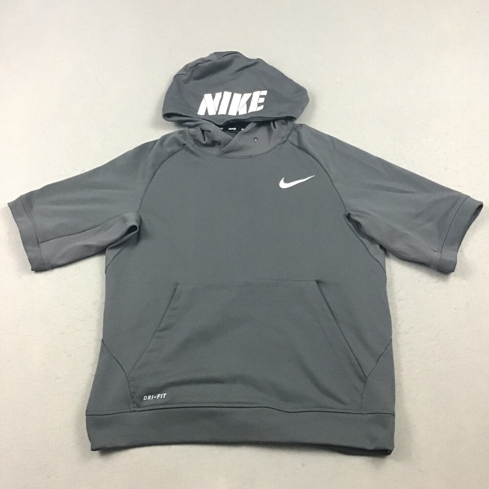 Nike Hoodie Men Medium Gray Sweatshirt Pullover Short Sleeve Swoosh Dri Fit M